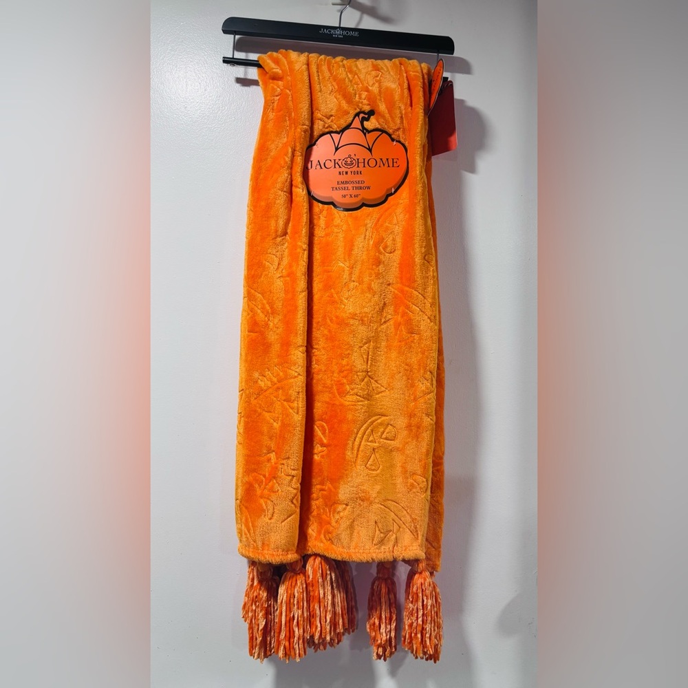 Jack Home Halloween orange pumpkin embossed tassel throw blanket 50 X 60